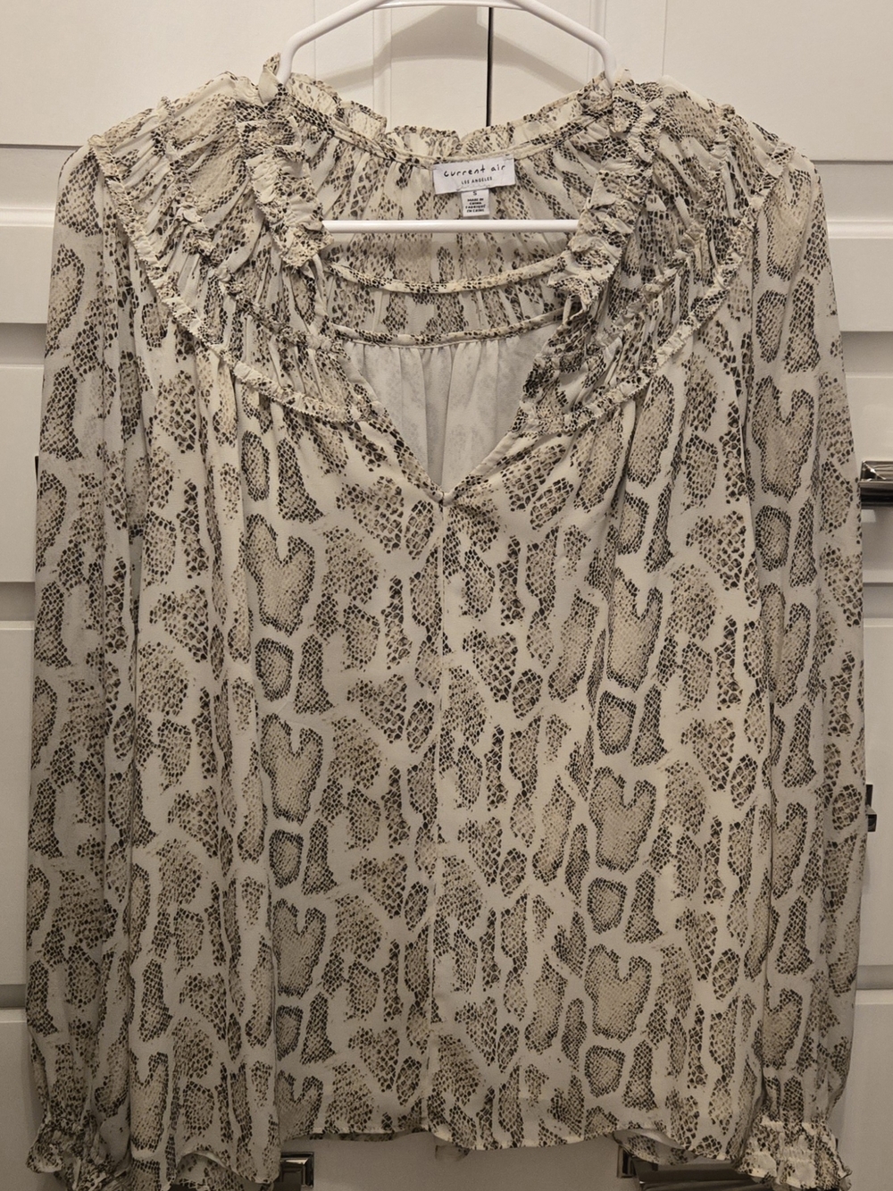 Current Air Cream and Black Animal-Print Ruffle V-Neck Blouse